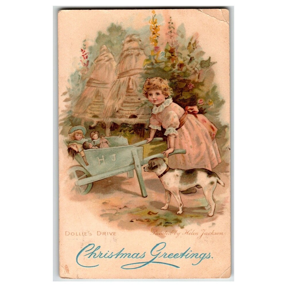 Raphael Tuck Christmas Postcard Girl Dolls Dog Helen Jackson Dollie's Drive 6753